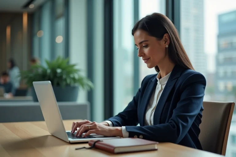 Femme en blazer marine accédant à son compte BNP Paribas banque privée sur un ordinateur portable dans un bureau moderne