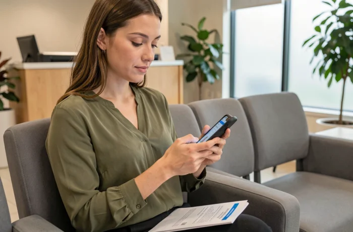 Jeune femme accédant à ses images médicales en ligne via smartphone dans une salle d'attente