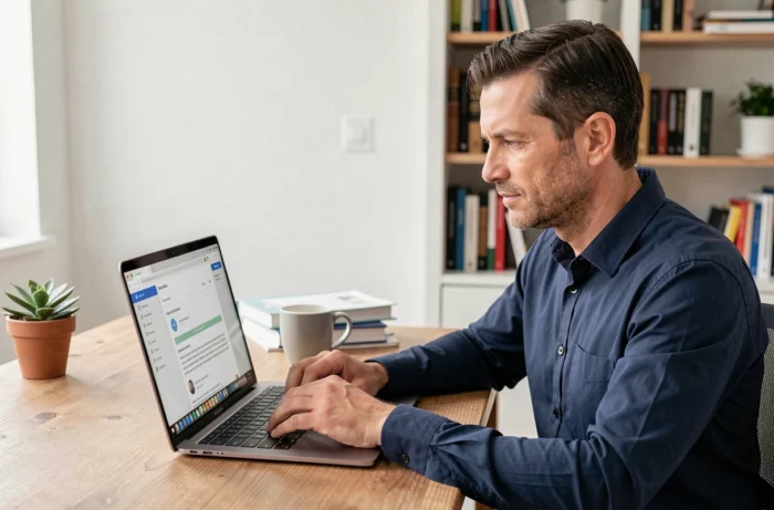 Homme en télétravail accédant à son webmail EDF sur un ordinateur portable depuis son bureau à domicile