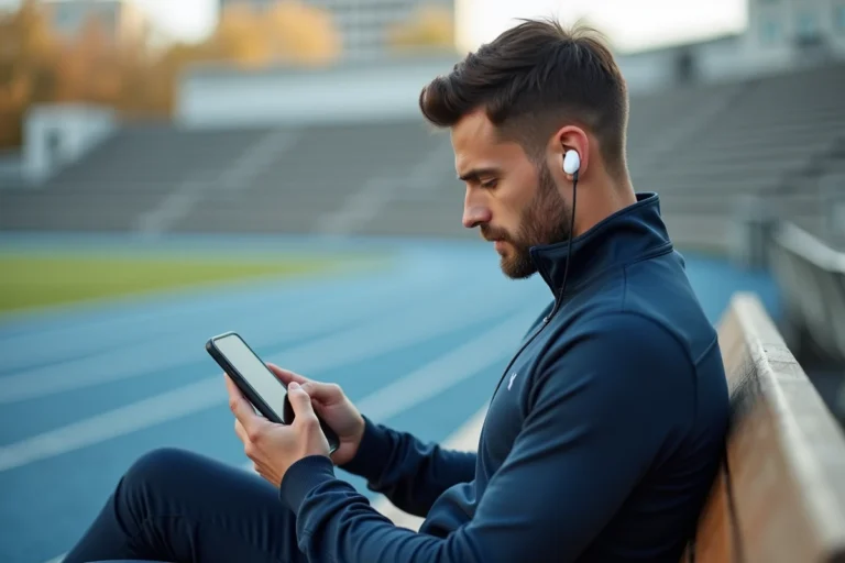 Homme consultant les actualités sportives sur son smartphone dans un complexe sportif urbain
