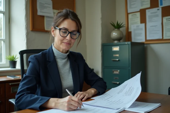 Administratrice de cimetière examinant des documents tarifaires pour le coût d'une concession funéraire dans un bureau en pierre