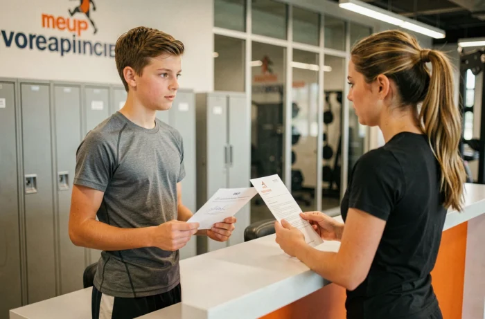 Adolescent de 16 ans présentant un formulaire d'autorisation parentale à l'accueil d'une salle de sport Basic Fit