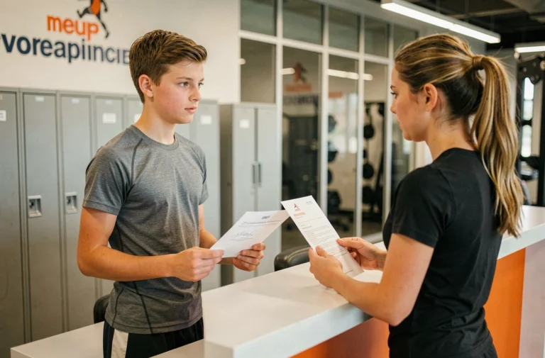Adolescent de 16 ans présentant un formulaire d'autorisation parentale à l'accueil d'une salle de sport Basic Fit