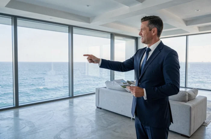 Agent immobilier présentant un appartement avec vue directe sur la mer, critères de prix et valorisation immobilière en bord de mer