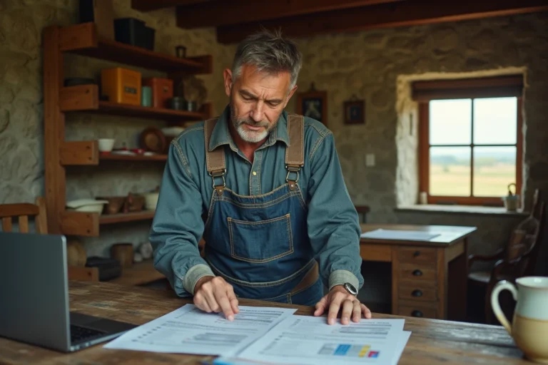 Agriculteur d'âge mûr consultant des documents de calcul UTH dans un bureau de ferme rustique