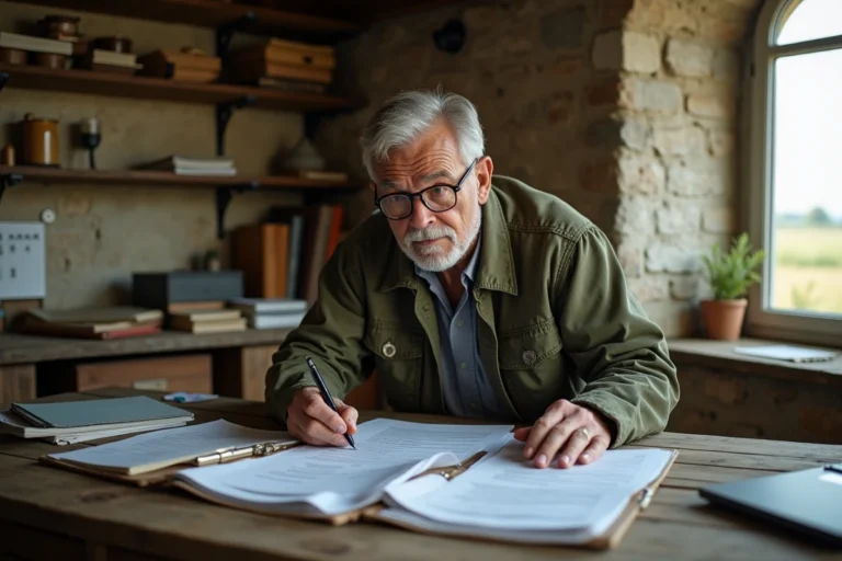 Agriculteur français d'une cinquantaine d'années étudiant des documents administratifs MSA dans son bureau de ferme en pierre