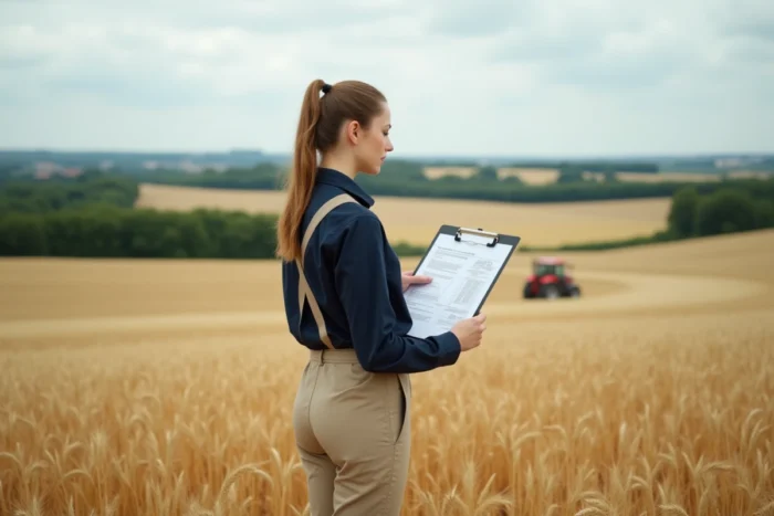 Jeune agricultrice tenant des documents de déclaration MSA dans un champ de blé lors de la récolte en France rurale