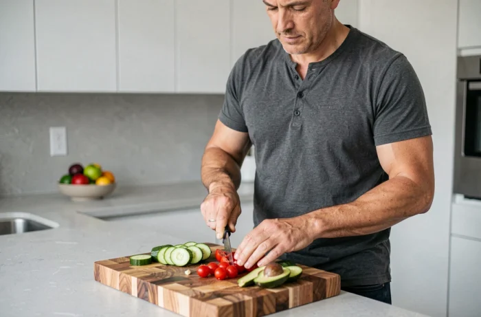 Homme préparant des légumes frais dans une cuisine moderne pour adopter une alimentation saine au quotidien