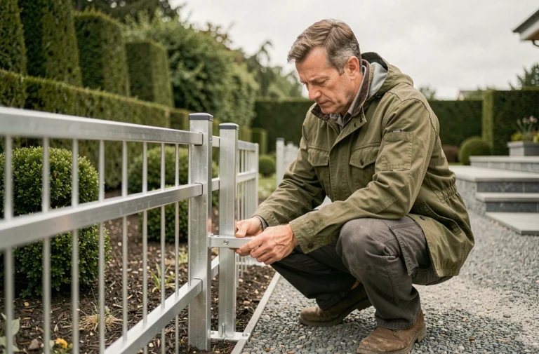 Architecte paysagiste inspectant une clôture aluminium moderne dans un jardin résidentiel contemporain aménagé avec gravier et haies taillées