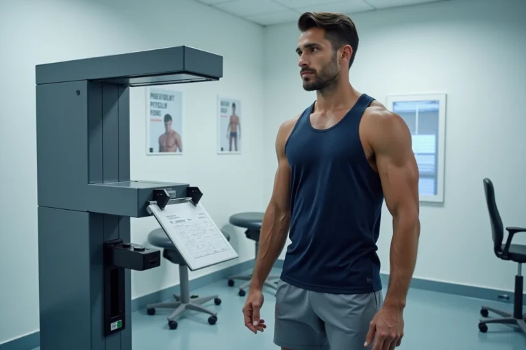 Homme analysant son pourcentage de masse musculaire sur un appareil de composition corporelle en clinique sportive