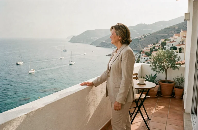 Femme sur le balcon d'un appartement avec vue panoramique sur la mer, illustrant les critères de valeur immobilière en bord de mer