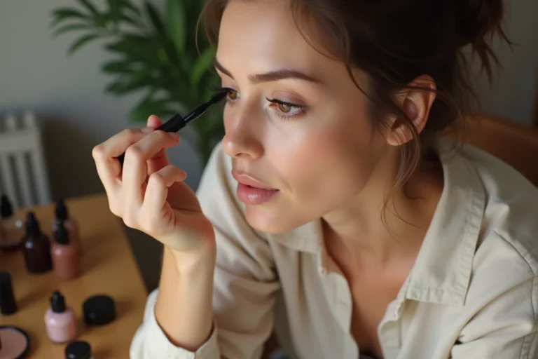 Femme appliquant du mascara devant un miroir de coiffeuse en bois avec des produits de beauté