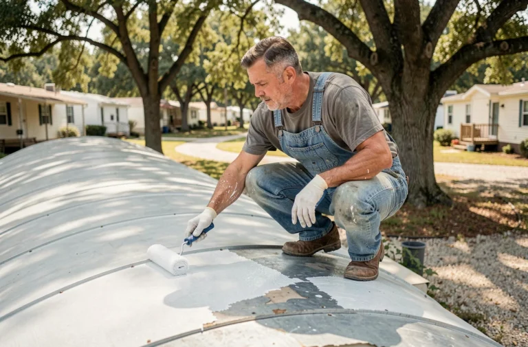 Homme appliquant de la peinture blanche sur la toiture d'un mobil home avec un rouleau large