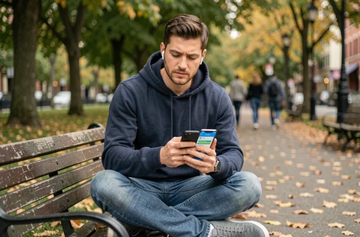 Homme apprenant l'anglais avec une application sur smartphone dans un parc urbain avec des écouteurs sans fil