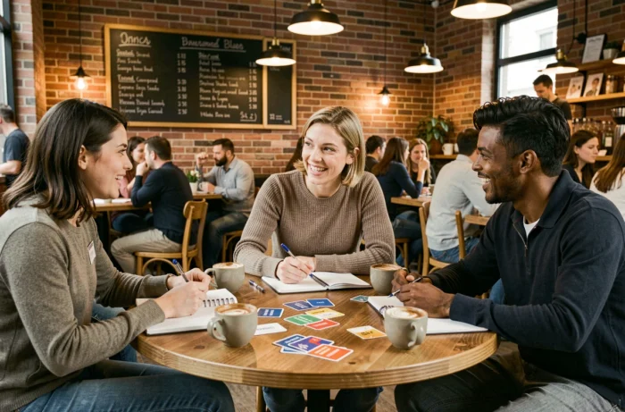 Groupe d'adultes pratiquant la conversation en anglais autour d'une table dans un café avec des fiches et des cahiers