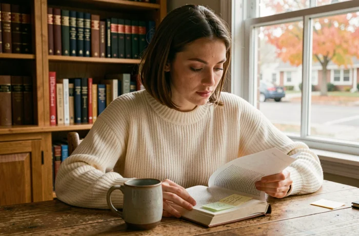 Jeune femme étudiant l'anglais avec un manuel ouvert et des notes autocollantes dans un bureau cosy à la maison