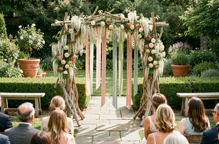 Arche de cérémonie de mariage en plein air décorée de wisteria blanche, roses crème et rubans de soie brute dans un jardin fleuri