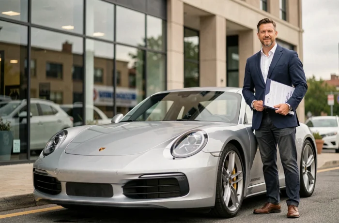 Homme en costume devant une Porsche 911 argentée garée devant une agence d'assurance auto moderne