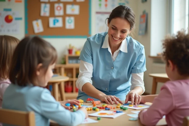 ATSEM en blouse bleue aidant des élèves de maternelle dans une salle de classe française