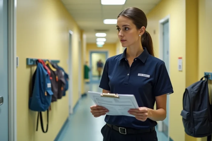 ATSEM en uniforme municipal consultant son planning dans le couloir d'une école publique