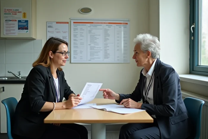 Deux ATSEM discutant de leur fiche de paie et de leurs horaires dans la salle du personnel