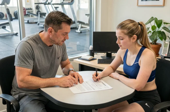Père et adolescente signant ensemble un contrat d'abonnement Basic Fit avec autorisation parentale dans un bureau de salle de sport