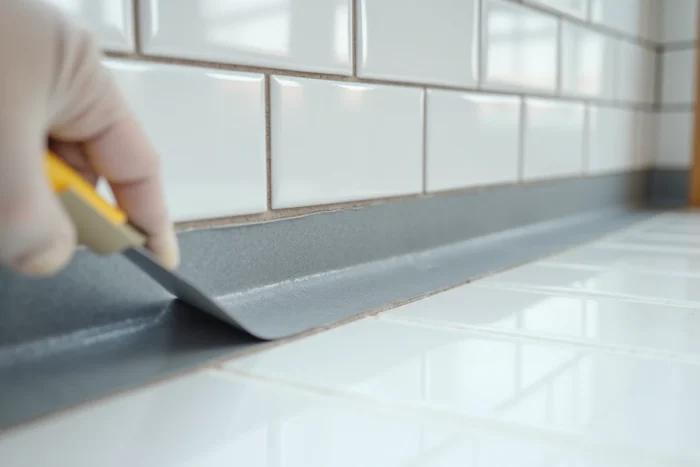 Application d'une bande de pontage et d'un système d'étanchéité sous crédence à la jonction entre le plan de travail blanc et un carrelage métro dans une cuisine