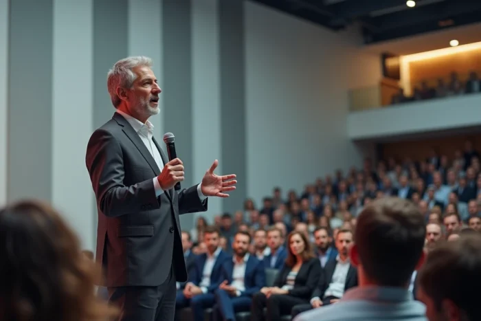 Bertrand Barré prenant la parole lors d'une conférence professionnelle devant un public attentif