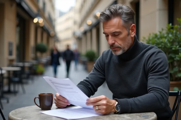Bertrand Barré en terrasse de café parisien consultant des documents, ambiance éditoriale urbaine
