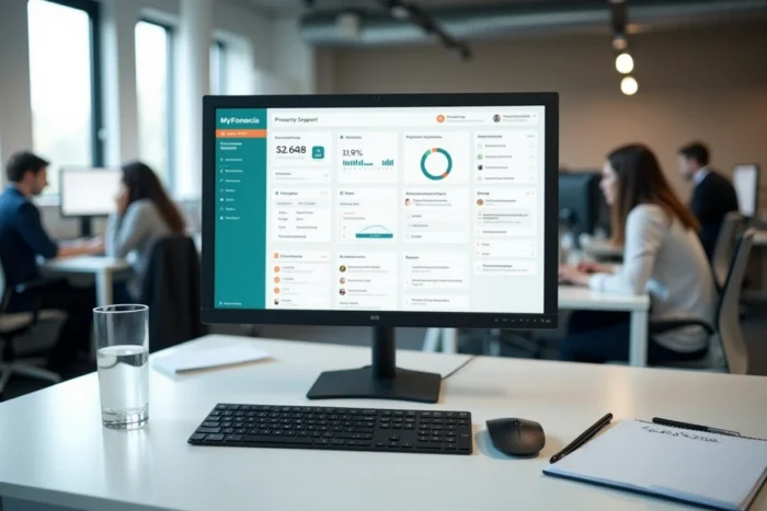 Poste de travail avec écran affichant une erreur MyFoncia, notes manuscrites et matériel informatique dans un bureau professionnel