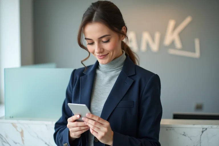 Femme tenant une nouvelle carte bancaire Crédit Agricole dans une agence moderne en 2026