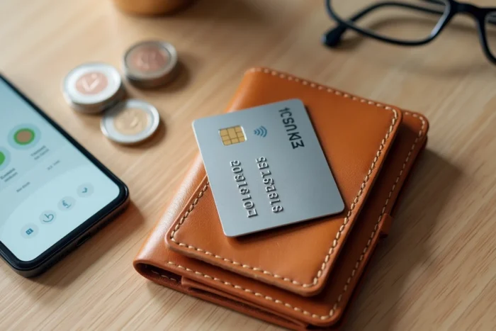 Carte bancaire Crédit Agricole posée sur un portefeuille en cuir avec smartphone et pièces en euros
