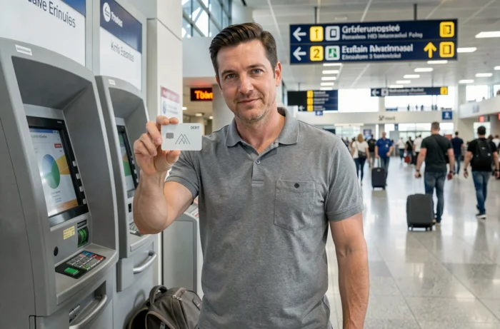 Homme utilisant une carte bancaire adaptée aux voyages à un distributeur d'aéroport international