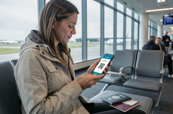 Femme activant une carte e-SIM sur son smartphone dans un salon d'aéroport avant son départ