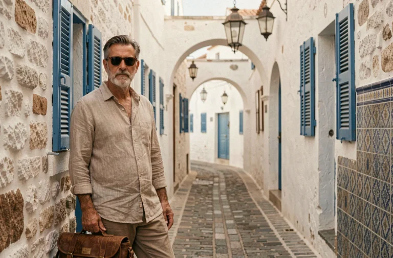 Voyageur célèbre se promenant dans les ruelles emblématiques de la médina d'Essaouira au Maroc