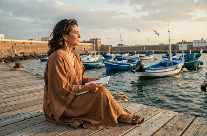 Célébrité féminine contemplant le port de pêche historique d'Essaouira au coucher du soleil