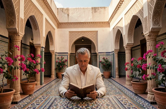 Célébrité installée dans le patio d'un riad traditionnel luxueux d'Essaouira au Maroc