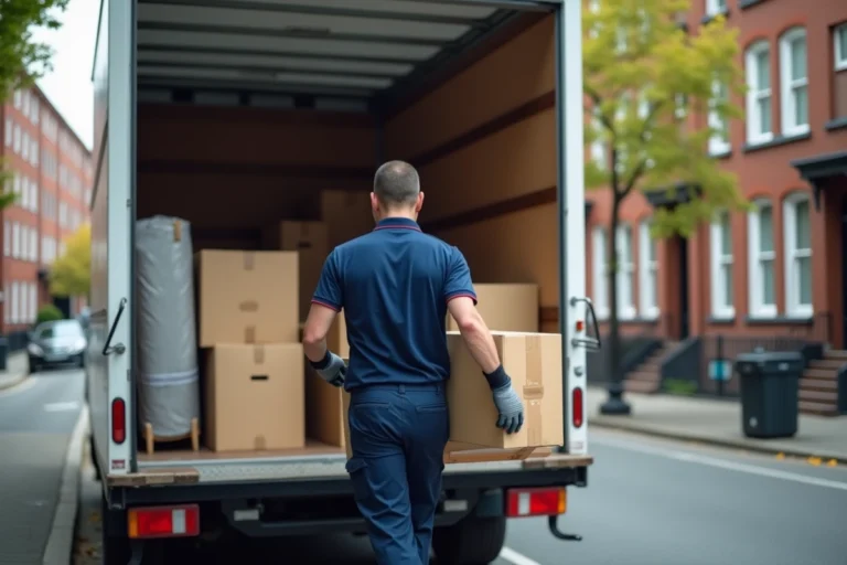 Déménageur professionnel chargeant des cartons dans un camion 16 m3 garé devant un immeuble résidentiel