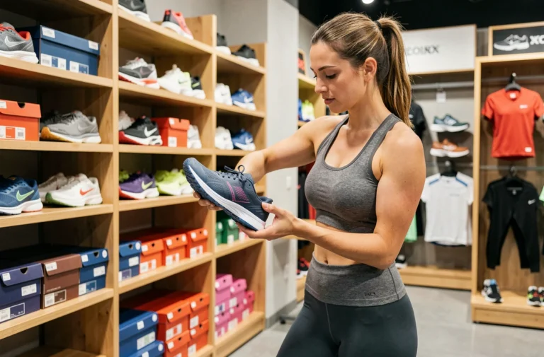 Femme examinant des chaussures de running dans un magasin de sport spécialisé pour choisir le bon équipement sportif