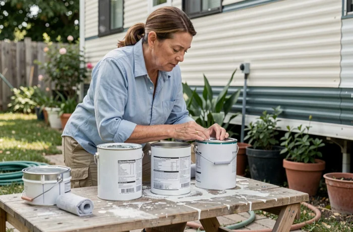 Femme comparant différents produits de peinture pour toiture de mobil home sur un établi extérieur
