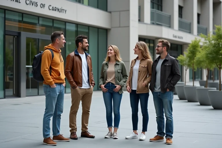 Groupe diversifié de citoyens devant un bâtiment institutionnel laïque moderne symbolisant la séparation de l'Église et de l'État
