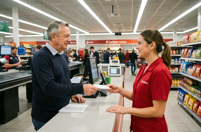 Client remettant un chèque différé à une caissière au comptoir service d'un supermarché Leclerc