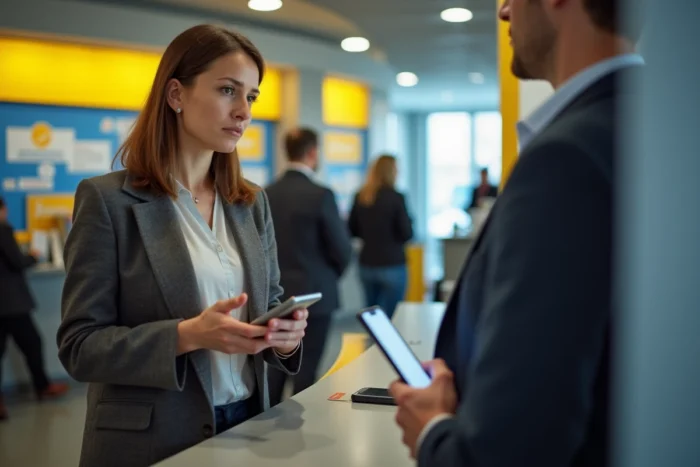 Cliente expliquant un virement débit inconnu à un conseiller dans une agence Banque Postale