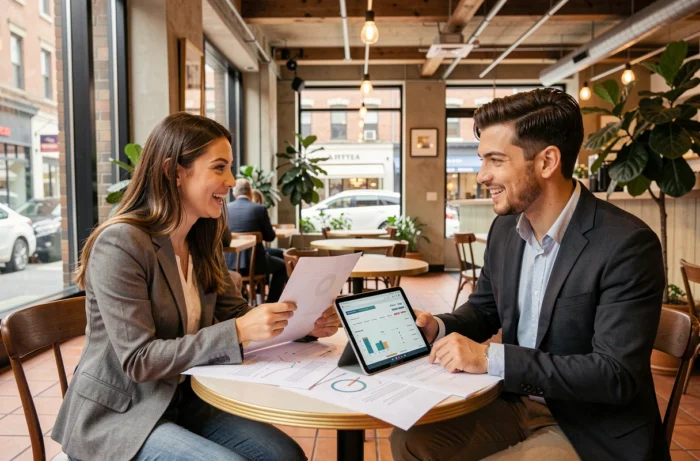 Deux jeunes entrepreneurs collaborant sur une stratégie de business en ligne autour de documents et d'une tablette dans un café urbain