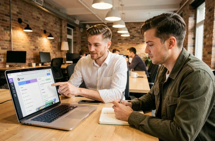 Deux collègues explorant ensemble les options de personnalisation des polices d'écriture sur Discord dans un espace de coworking