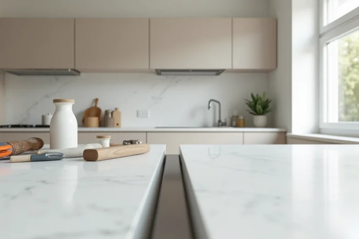 Vue grand angle d'une cuisine moderne montrant l'espace entre un plan de travail en quartz blanc et un mur gris, avec des outils posés à proximité suggérant un projet de rénovation en cours