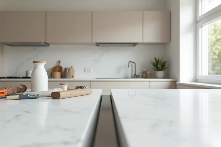 Vue grand angle d'une cuisine moderne montrant l'espace entre un plan de travail en quartz blanc et un mur gris, avec des outils posés à proximité suggérant un projet de rénovation en cours