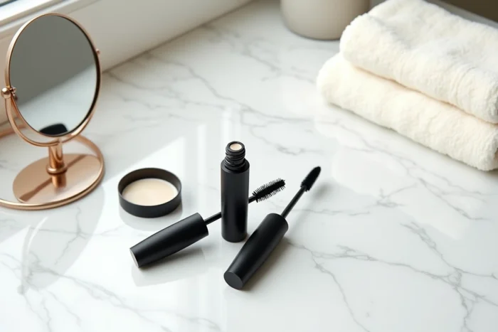 Comparaison de produits mascara et ricil posés sur un marbre blanc dans un arrangement beauté