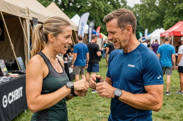 Deux sportifs comparant des montres connectées lors d'un salon sportif en plein air pour choisir le meilleur équipement
