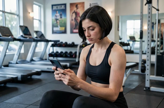 Jeune femme de 18 ans consultant les conditions d'abonnement Basic Fit sur son smartphone dans une salle de fitness